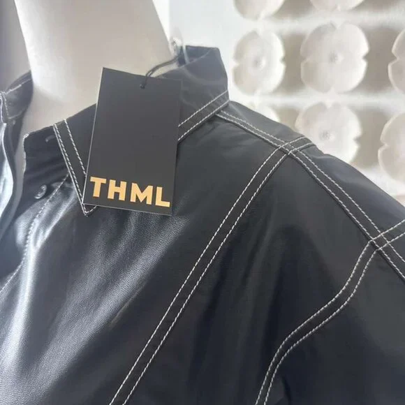 THML Black Faux Leather Mini Dress with Contrast Stitching – Size M - Picture 6 of 9
